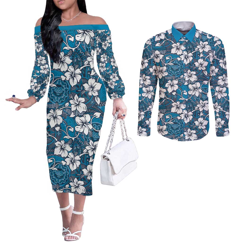 Karakarawa Bula Fiji Couples Matching Off The Shoulder Long Sleeve Dress and Long Sleeve Button Shirt Fijian Tapa Seamless Hibiscus LT14 Blue - Polynesian Pride