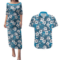 Karakarawa Bula Fiji Couples Matching Puletasi and Hawaiian Shirt Fijian Tapa Seamless Hibiscus LT14 Blue - Polynesian Pride