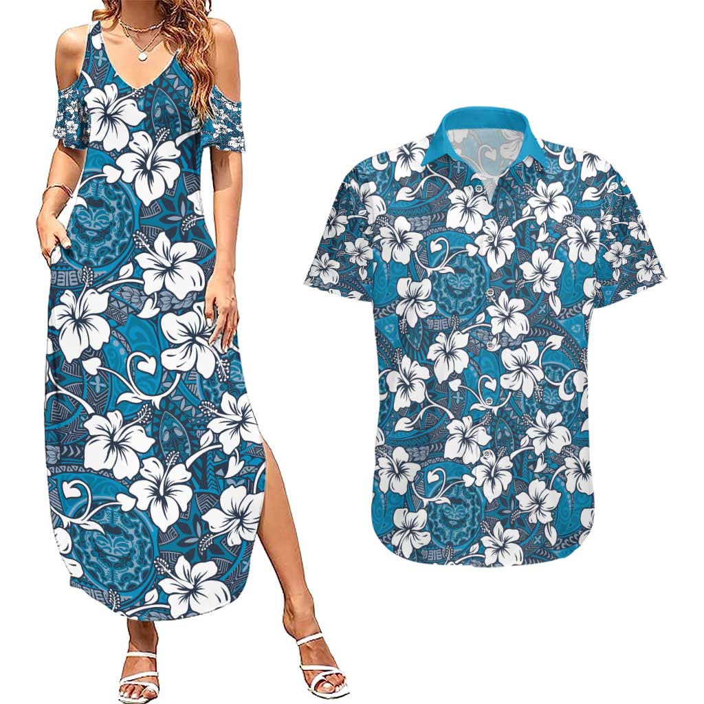 Karakarawa Bula Fiji Couples Matching Summer Maxi Dress and Hawaiian Shirt Fijian Tapa Seamless Hibiscus LT14 Blue - Polynesian Pride