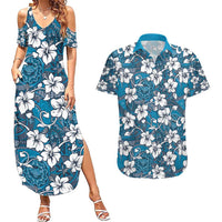 Karakarawa Bula Fiji Couples Matching Summer Maxi Dress and Hawaiian Shirt Fijian Tapa Seamless Hibiscus LT14 Blue - Polynesian Pride
