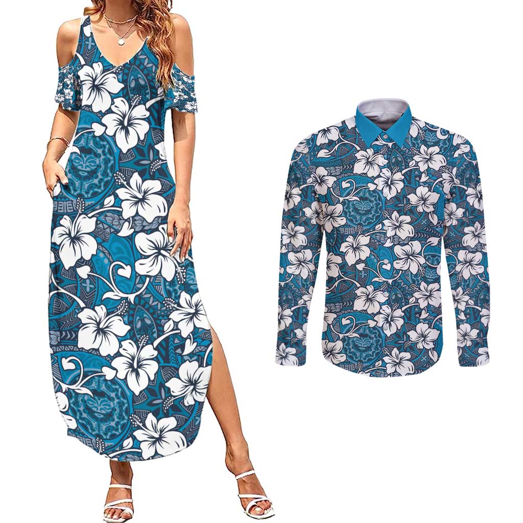 Karakarawa Bula Fiji Couples Matching Summer Maxi Dress and Long Sleeve Button Shirt Fijian Tapa Seamless Hibiscus LT14 Blue - Polynesian Pride