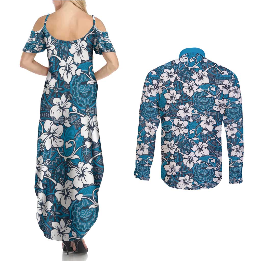 Karakarawa Bula Fiji Couples Matching Summer Maxi Dress and Long Sleeve Button Shirt Fijian Tapa Seamless Hibiscus LT14 - Polynesian Pride