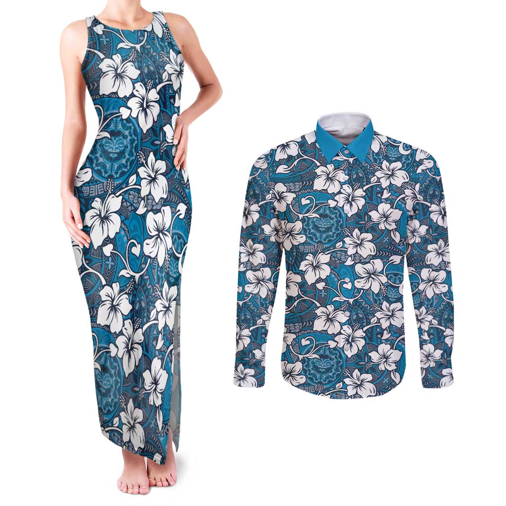 Karakarawa Bula Fiji Couples Matching Tank Maxi Dress and Long Sleeve Button Shirt Fijian Tapa Seamless Hibiscus - Polynesian Pride