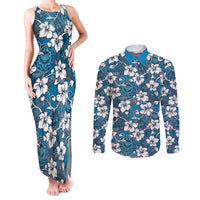 Karakarawa Bula Fiji Couples Matching Tank Maxi Dress and Long Sleeve Button Shirt Fijian Tapa Seamless Hibiscus LT14 Blue - Polynesian Pride