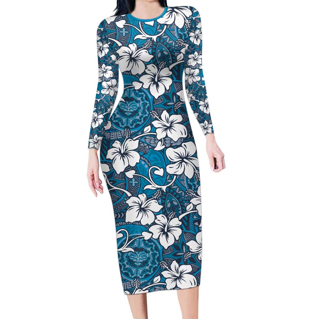 Karakarawa Bula Fiji Family Matching Long Sleeve Bodycon Dress and Hawaiian Shirt Fijian Tapa Seamless Hibiscus LT14 Mom's Dress Blue - Polynesian Pride