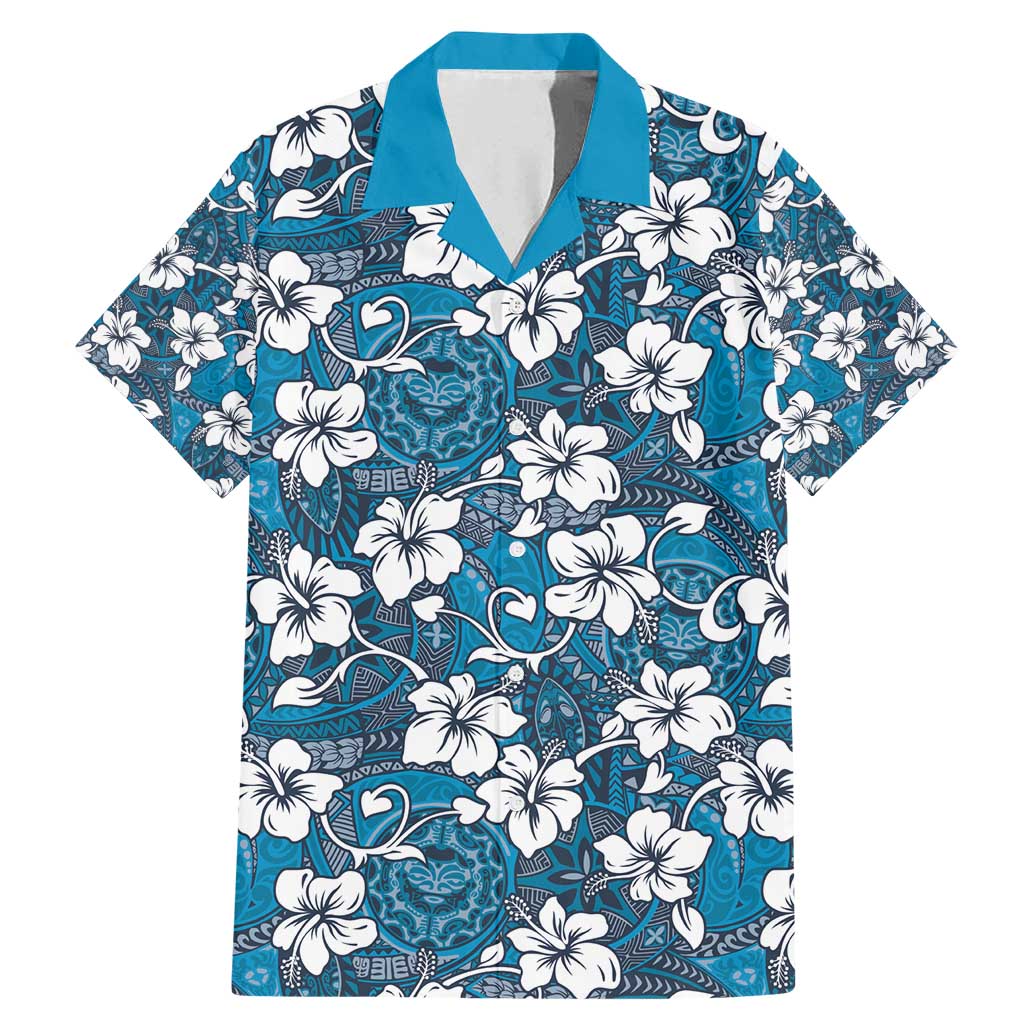 Karakarawa Bula Fiji Family Matching Mermaid Dress and Hawaiian Shirt Fijian Tapa Seamless Hibiscus LT14 Dad's Shirt - Short Sleeve Blue - Polynesian Pride
