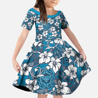 Karakarawa Bula Fiji Family Matching Off The Shoulder Long Sleeve Dress and Hawaiian Shirt Fijian Tapa Seamless Hibiscus LT14 Daughter's Dress Blue - Polynesian Pride