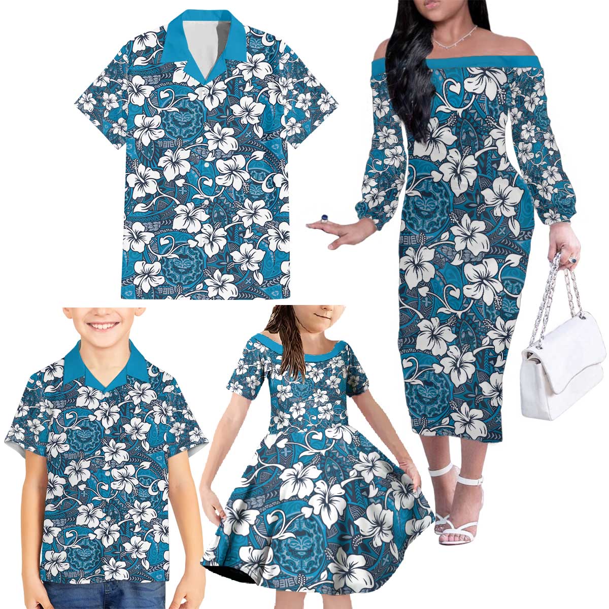 Karakarawa Bula Fiji Family Matching Off The Shoulder Long Sleeve Dress and Hawaiian Shirt Fijian Tapa Seamless Hibiscus LT14 - Polynesian Pride