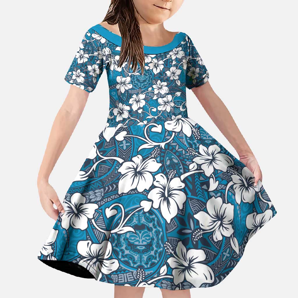 Karakarawa Bula Fiji Family Matching Off Shoulder Maxi Dress and Hawaiian Shirt Fijian Tapa Seamless Hibiscus LT14 Daughter's Dress Blue - Polynesian Pride