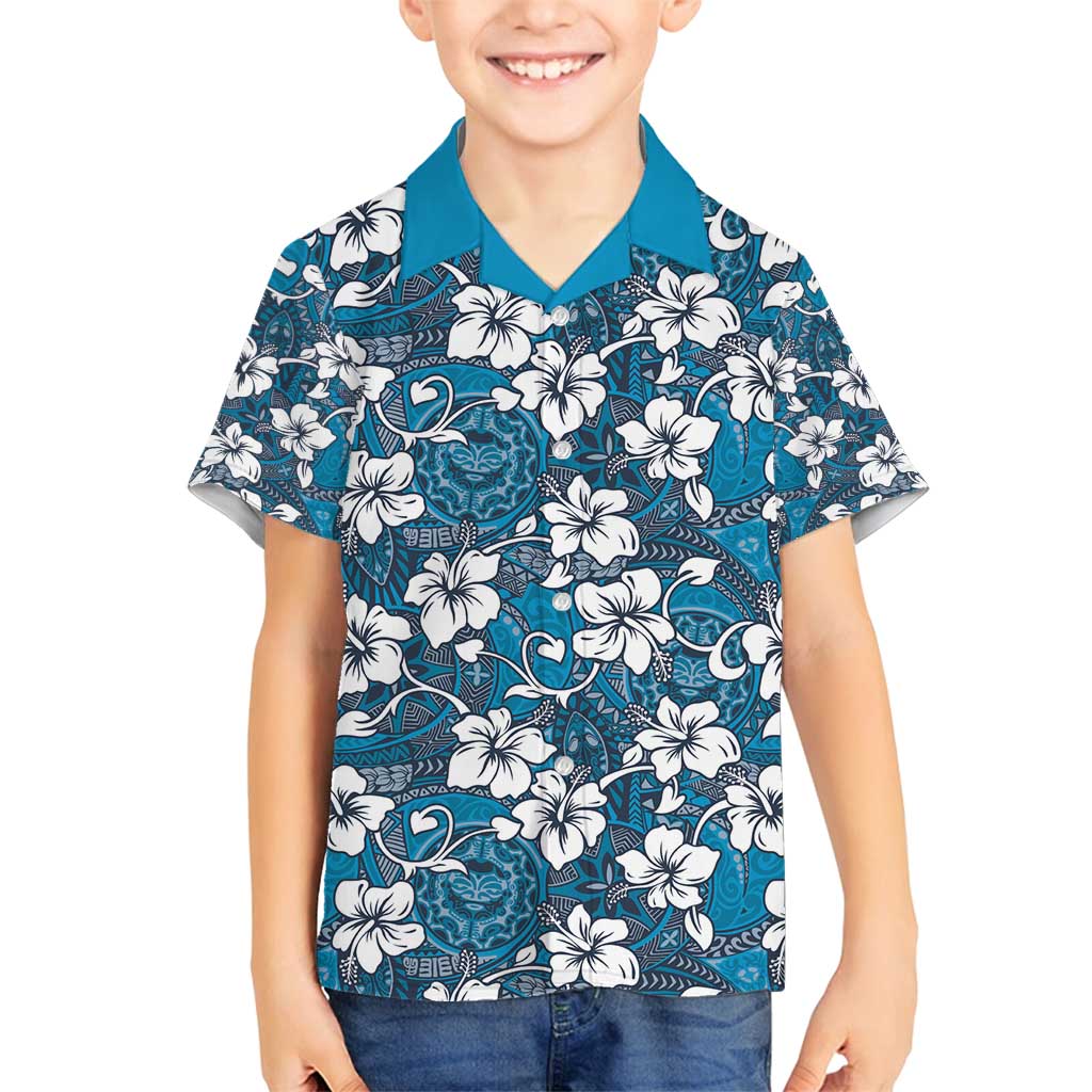 Karakarawa Bula Fiji Family Matching Off Shoulder Short Dress and Hawaiian Shirt Fijian Tapa Seamless Hibiscus LT14 Son's Shirt Blue - Polynesian Pride