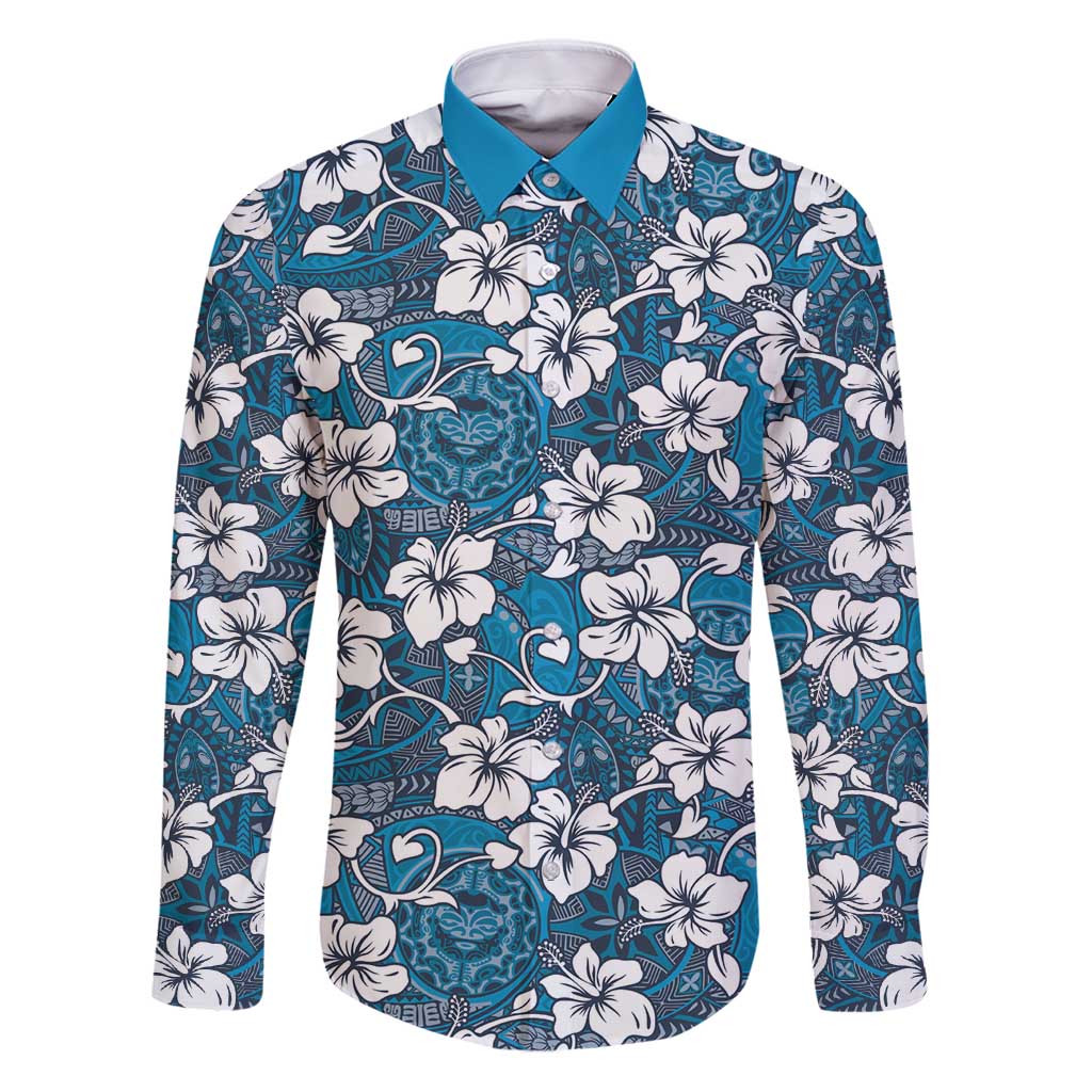 Karakarawa Bula Fiji Family Matching Puletasi and Hawaiian Shirt Fijian Tapa Seamless Hibiscus LT14 Dad's Shirt - Long Sleeve Blue - Polynesian Pride