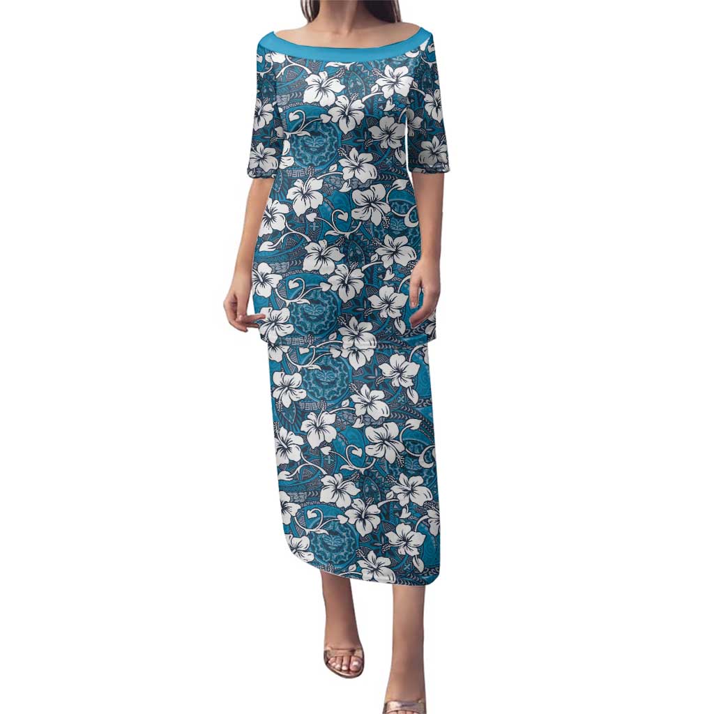 Karakarawa Bula Fiji Family Matching Puletasi and Hawaiian Shirt Fijian Tapa Seamless Hibiscus LT14 Mom's Dress Blue - Polynesian Pride