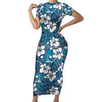Karakarawa Bula Fiji Family Matching Short Sleeve Bodycon Dress and Hawaiian Shirt Fijian Tapa Seamless Hibiscus LT14 Mom's Dress Blue - Polynesian Pride