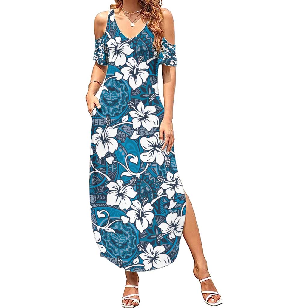 Karakarawa Bula Fiji Family Matching Summer Maxi Dress and Hawaiian Shirt Fijian Tapa Seamless Hibiscus LT14 Mom's Dress Blue - Polynesian Pride