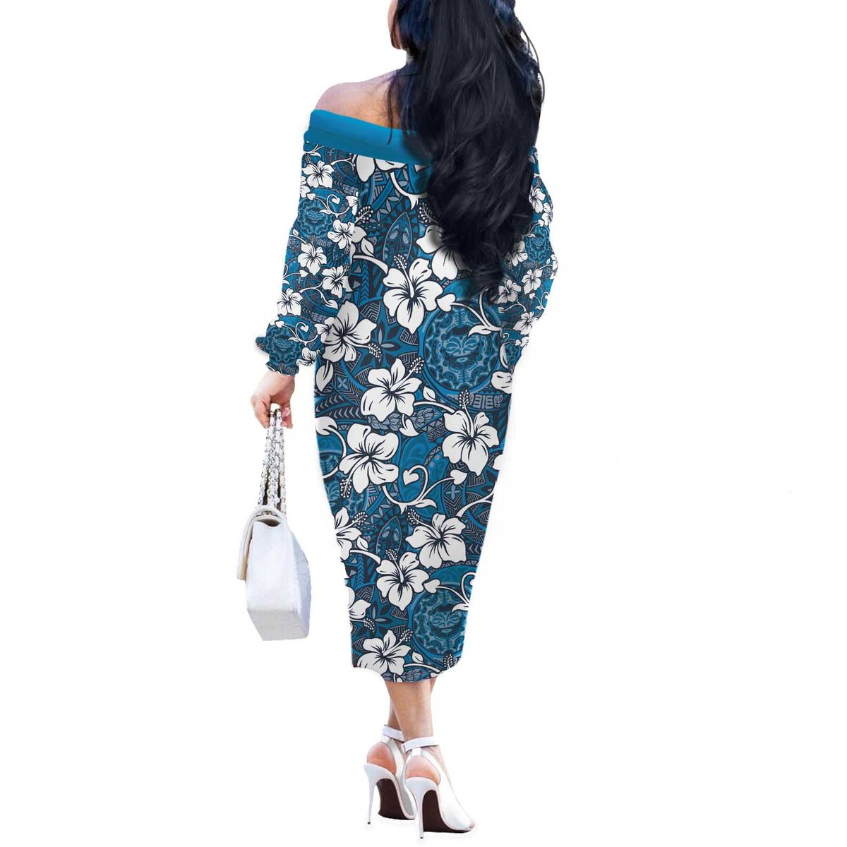 Karakarawa Bula Fiji Off The Shoulder Long Sleeve Dress Fijian Tapa Seamless Hibiscus LT14 - Polynesian Pride