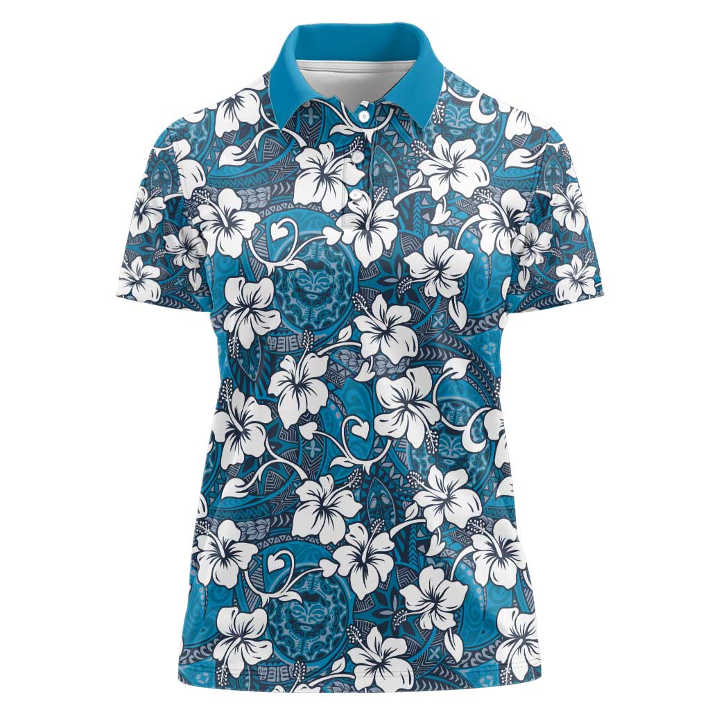 Karakarawa Bula Fiji Women Polo Shirt Fijian Tapa Seamless Hibiscus LT14 Female Blue - Polynesian Pride