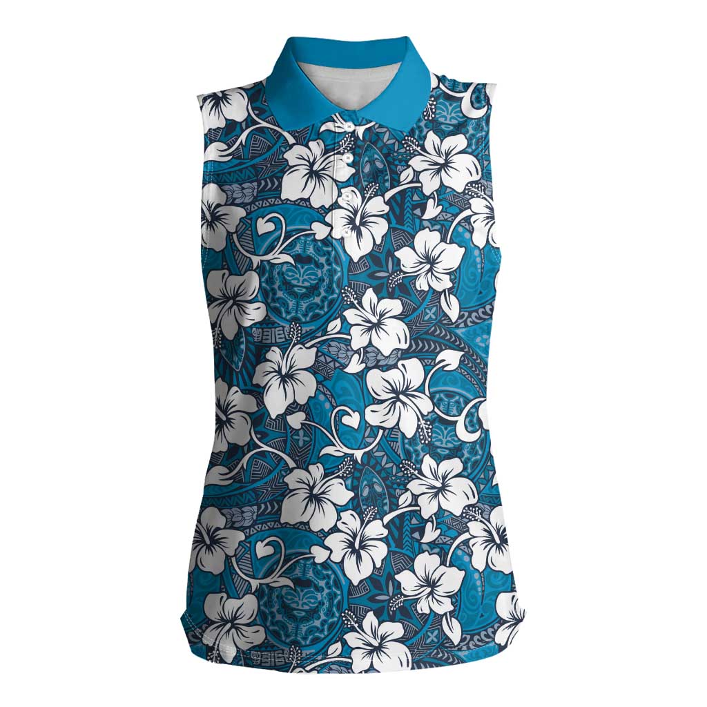 Karakarawa Bula Fiji Women Sleeveless Polo Shirt Fijian Tapa Seamless Hibiscus LT14 Female Blue - Polynesian Pride