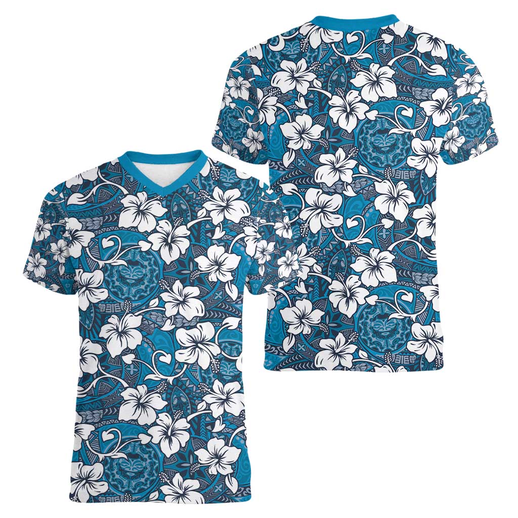 Karakarawa Bula Fiji Women V-Neck T-Shirt Fijian Tapa Seamless Hibiscus LT14 - Polynesian Pride