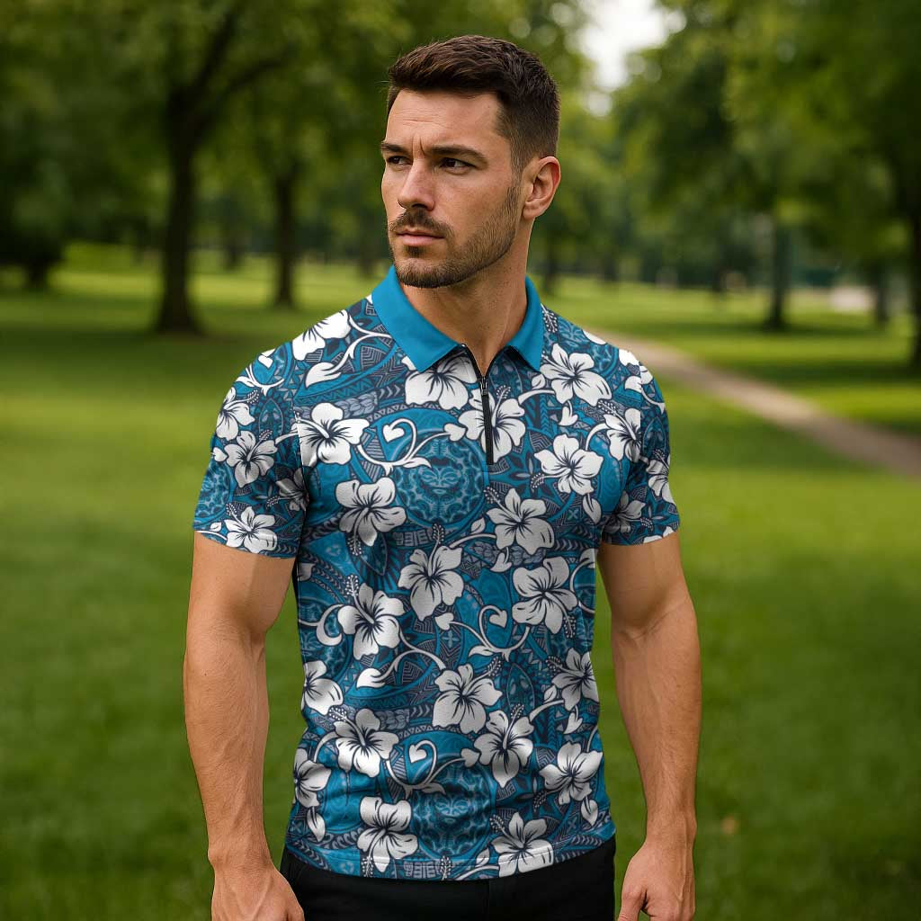 Karakarawa Bula Fiji Zipper Polo Shirt Fijian Tapa Seamless Hibiscus - Polynesian Pride