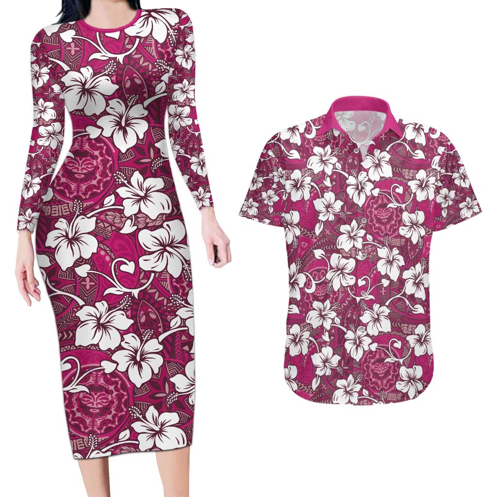 Piqi Bula Fiji Couples Matching Long Sleeve Bodycon Dress and Hawaiian Shirt Fijian Tapa Seamless Hibiscus LT14 Pink - Polynesian Pride
