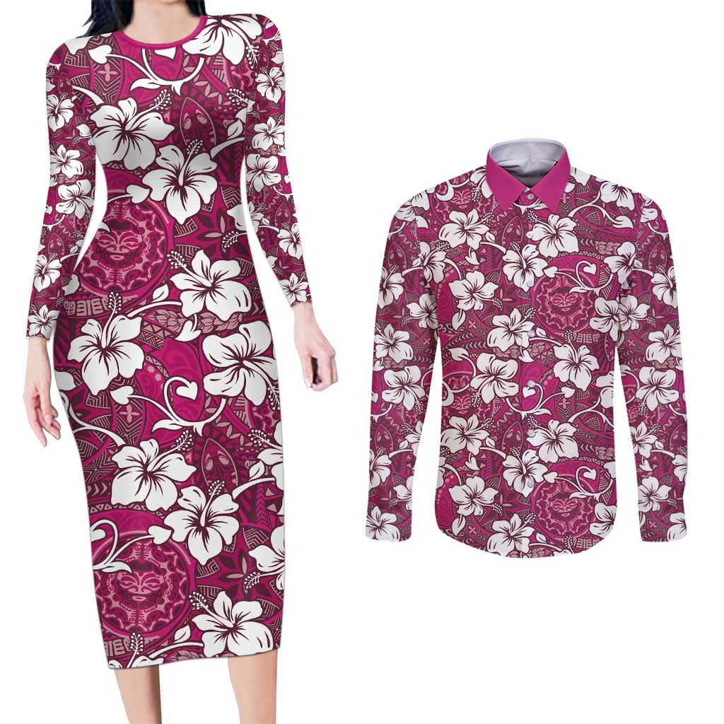 Piqi Bula Fiji Couples Matching Long Sleeve Bodycon Dress and Long Sleeve Button Shirt Fijian Tapa Seamless Hibiscus LT14 Pink - Polynesian Pride
