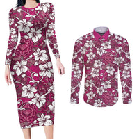 Piqi Bula Fiji Couples Matching Long Sleeve Bodycon Dress and Long Sleeve Button Shirt Fijian Tapa Seamless Hibiscus LT14 Pink - Polynesian Pride