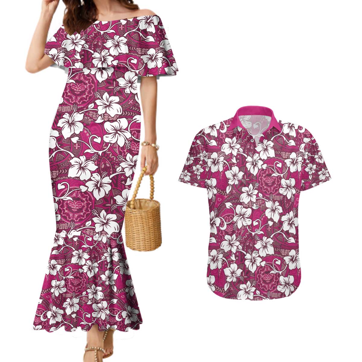 Piqi Bula Fiji Couples Matching Mermaid Dress and Hawaiian Shirt Fijian Tapa Seamless Hibiscus LT14 Pink - Polynesian Pride