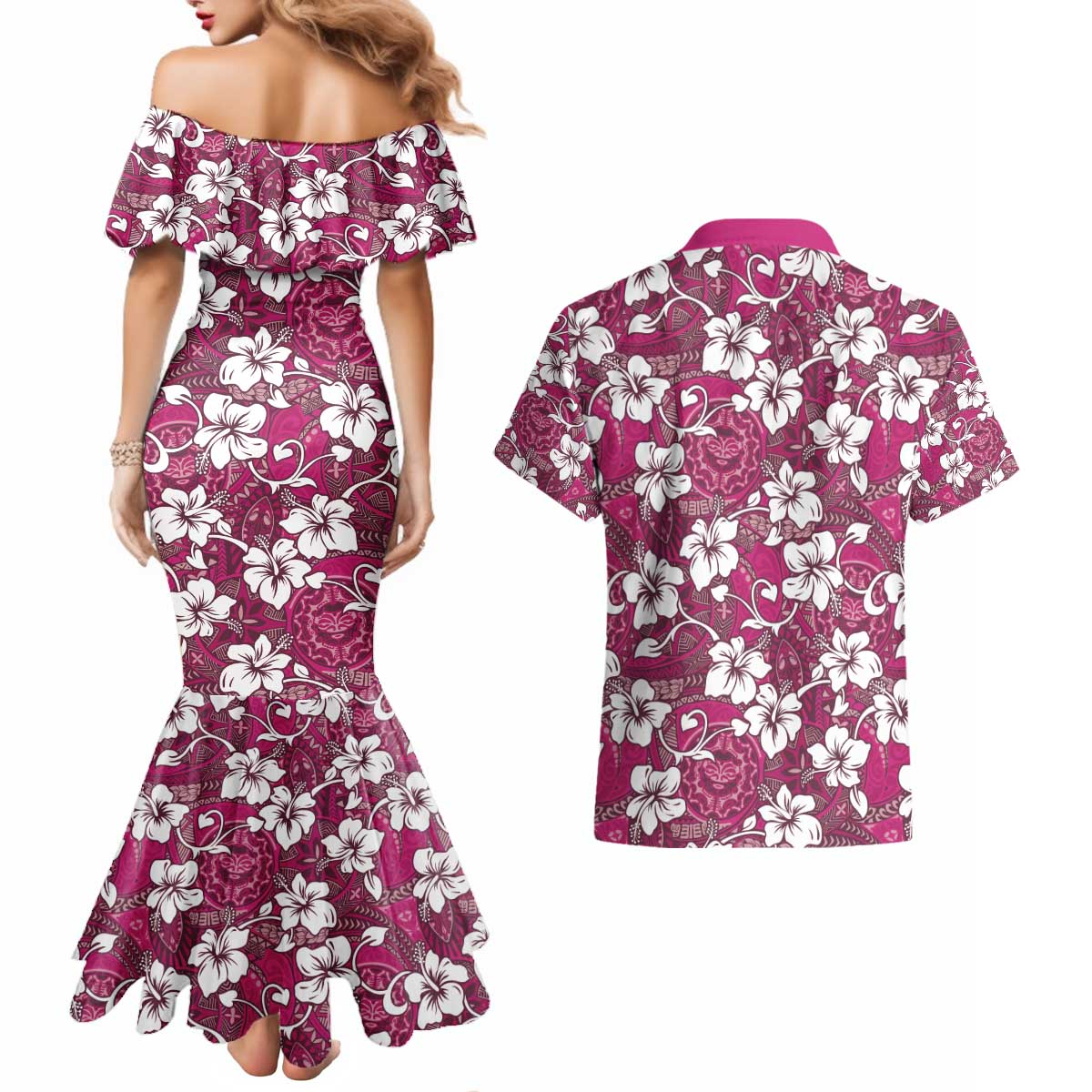 Piqi Bula Fiji Couples Matching Mermaid Dress and Hawaiian Shirt Fijian Tapa Seamless Hibiscus LT14 - Polynesian Pride