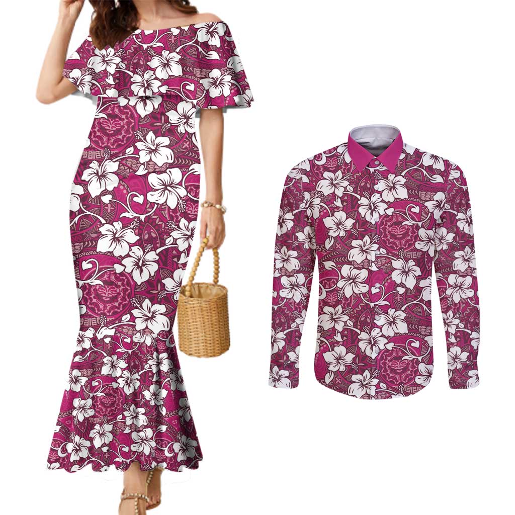 Piqi Bula Fiji Couples Matching Mermaid Dress and Long Sleeve Button Shirt Fijian Tapa Seamless Hibiscus - Polynesian Pride