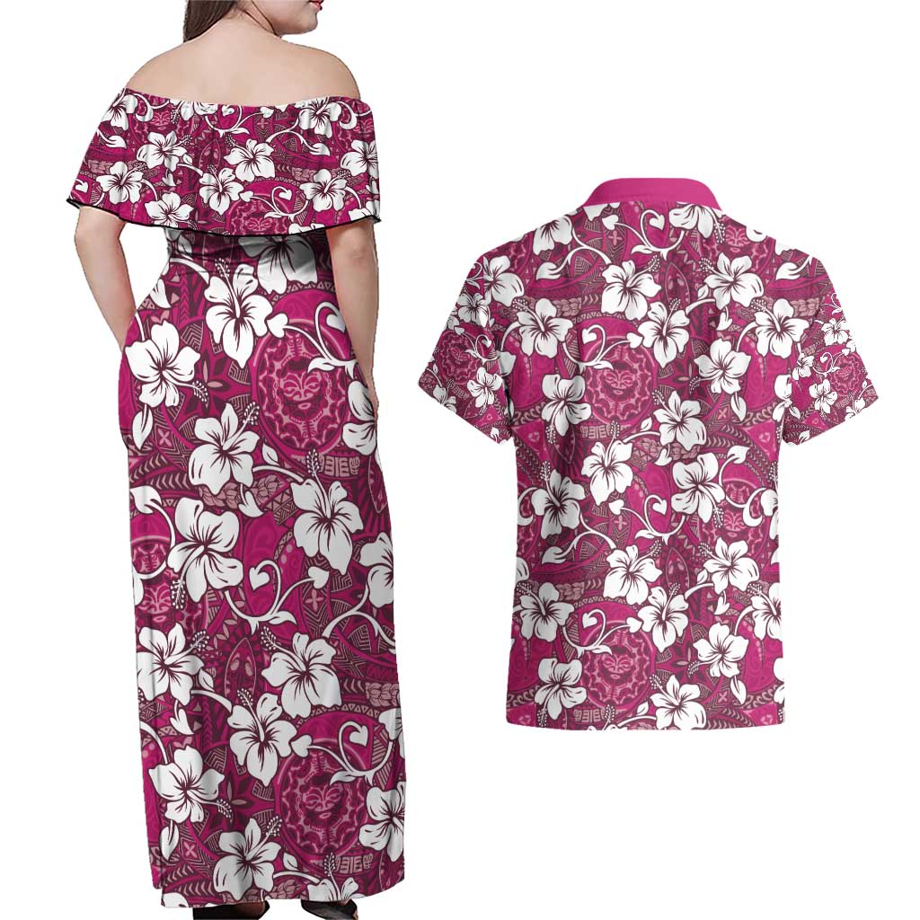 Piqi Bula Fiji Couples Matching Off Shoulder Maxi Dress and Hawaiian Shirt Fijian Tapa Seamless Hibiscus LT14 - Polynesian Pride