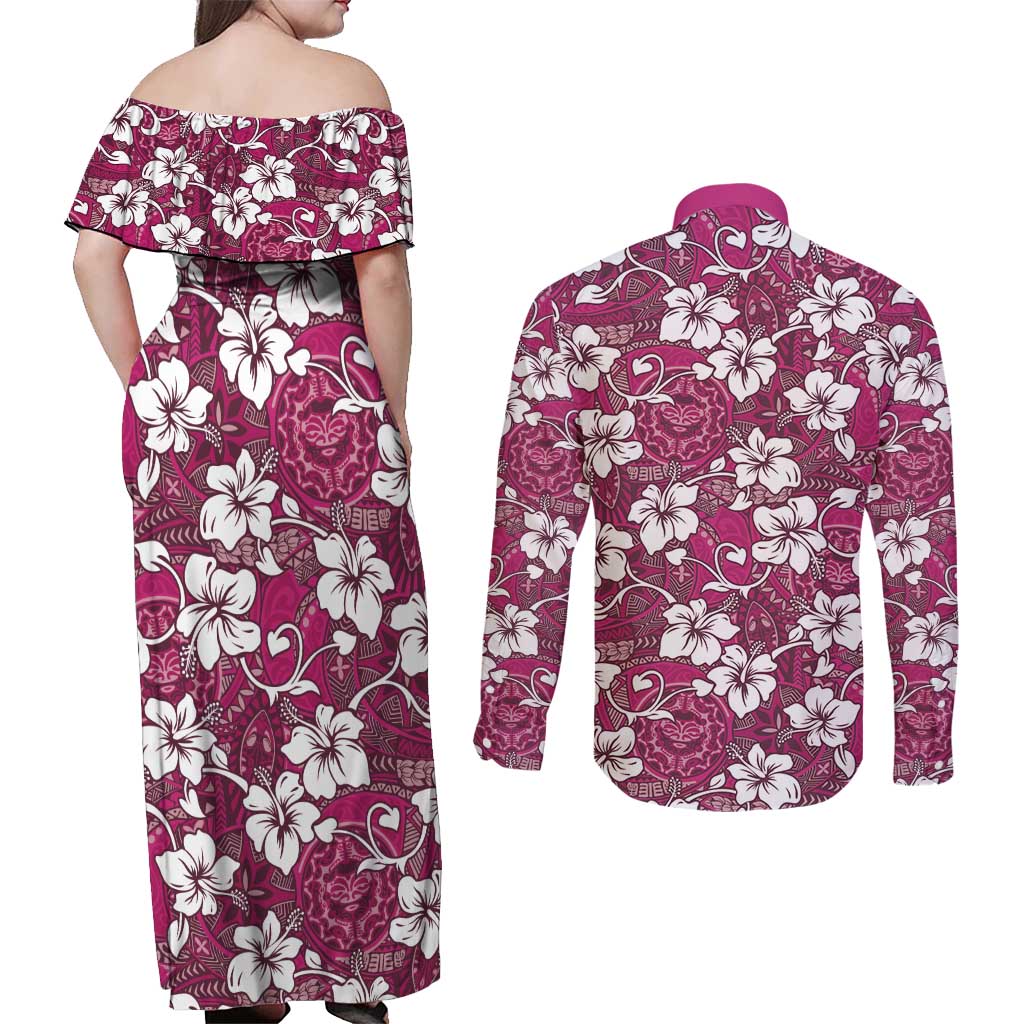 Piqi Bula Fiji Couples Matching Off Shoulder Maxi Dress and Long Sleeve Button Shirt Fijian Tapa Seamless Hibiscus - Polynesian Pride
