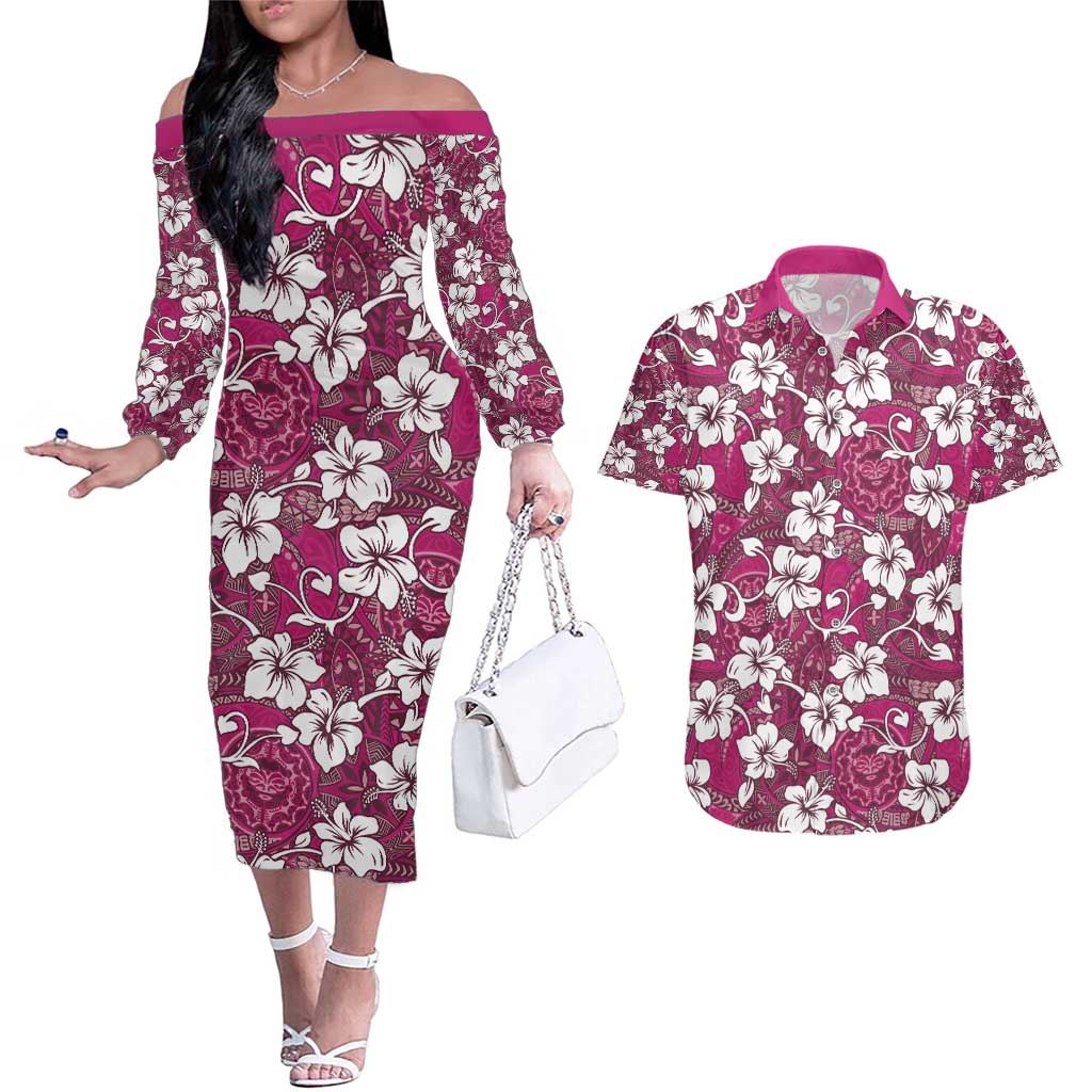 Piqi Bula Fiji Couples Matching Off The Shoulder Long Sleeve Dress and Hawaiian Shirt Fijian Tapa Seamless Hibiscus - Polynesian Pride