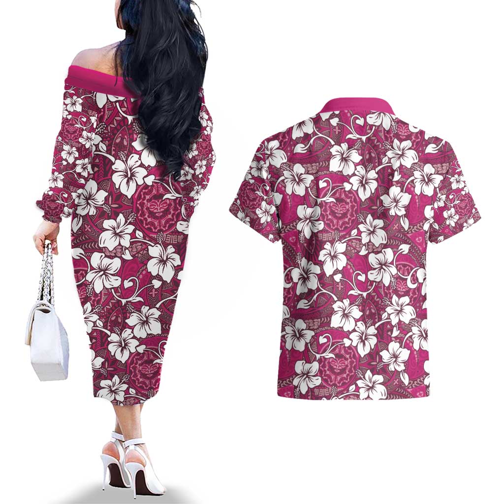 Piqi Bula Fiji Couples Matching Off The Shoulder Long Sleeve Dress and Hawaiian Shirt Fijian Tapa Seamless Hibiscus LT14 - Polynesian Pride