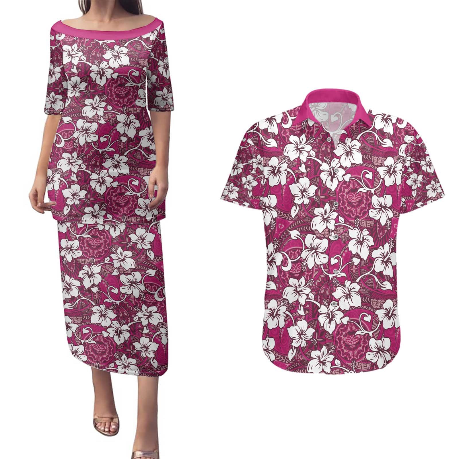 Piqi Bula Fiji Couples Matching Puletasi and Hawaiian Shirt Fijian Tapa Seamless Hibiscus - Polynesian Pride