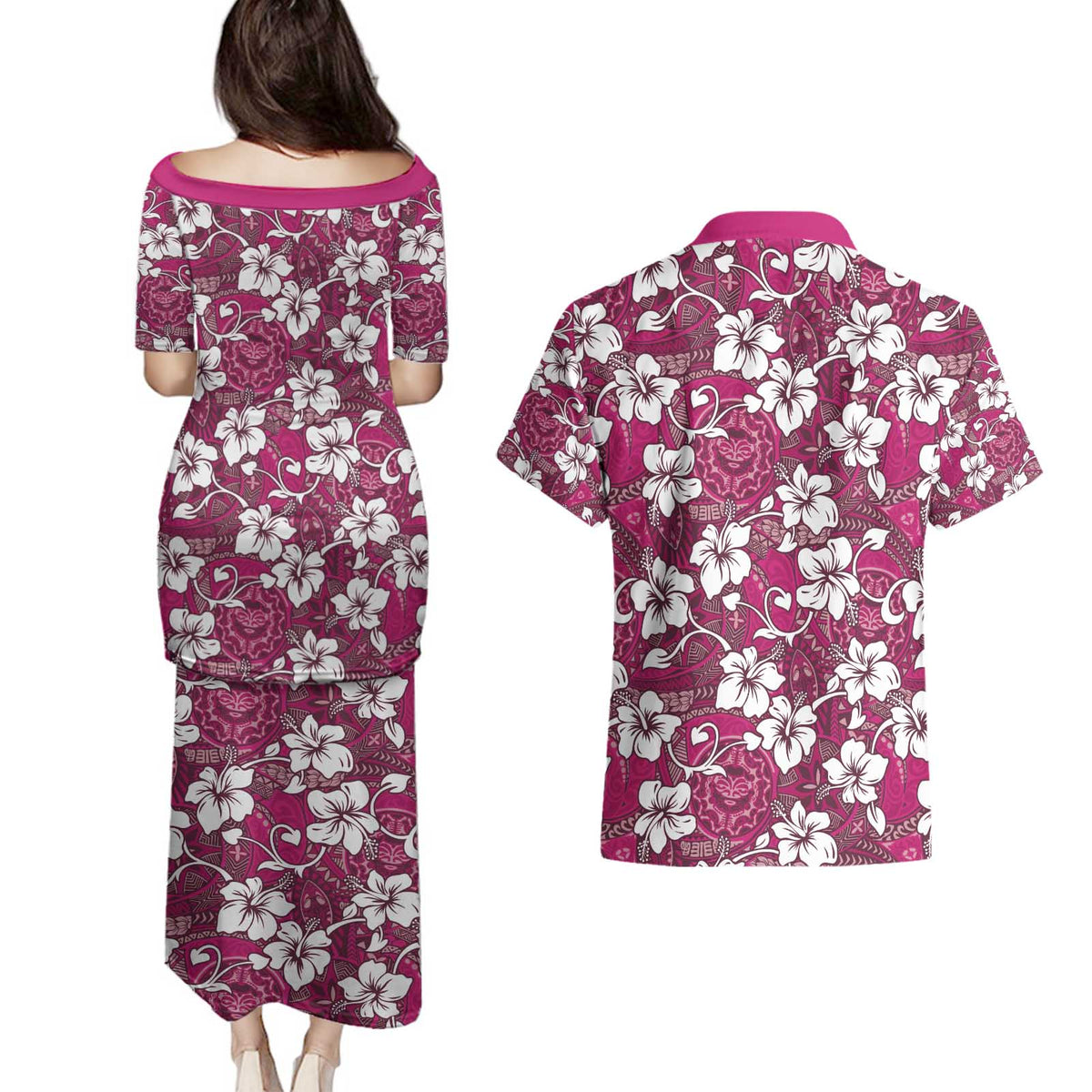 Piqi Bula Fiji Couples Matching Puletasi and Hawaiian Shirt Fijian Tapa Seamless Hibiscus LT14 - Polynesian Pride