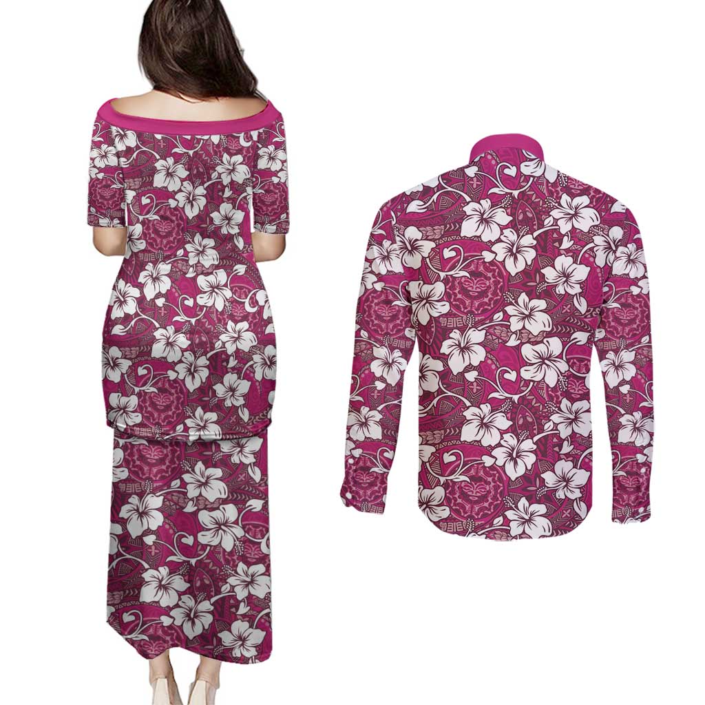 Piqi Bula Fiji Couples Matching Puletasi and Long Sleeve Button Shirt Fijian Tapa Seamless Hibiscus - Polynesian Pride