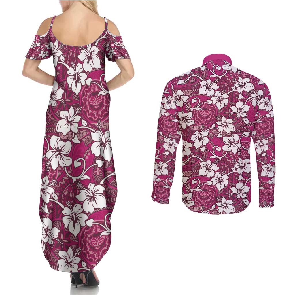 Piqi Bula Fiji Couples Matching Summer Maxi Dress and Long Sleeve Button Shirt Fijian Tapa Seamless Hibiscus - Polynesian Pride