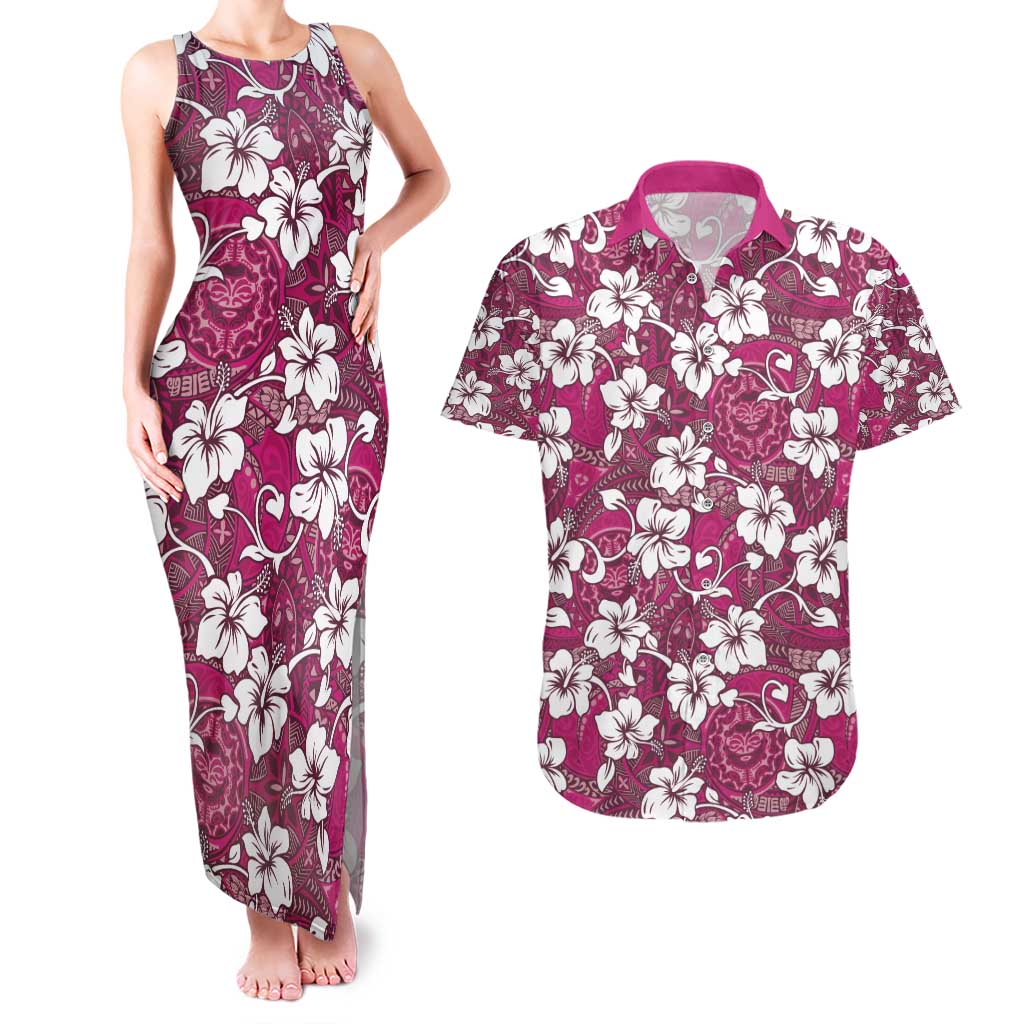 Piqi Bula Fiji Couples Matching Tank Maxi Dress and Hawaiian Shirt Fijian Tapa Seamless Hibiscus LT14 Pink - Polynesian Pride