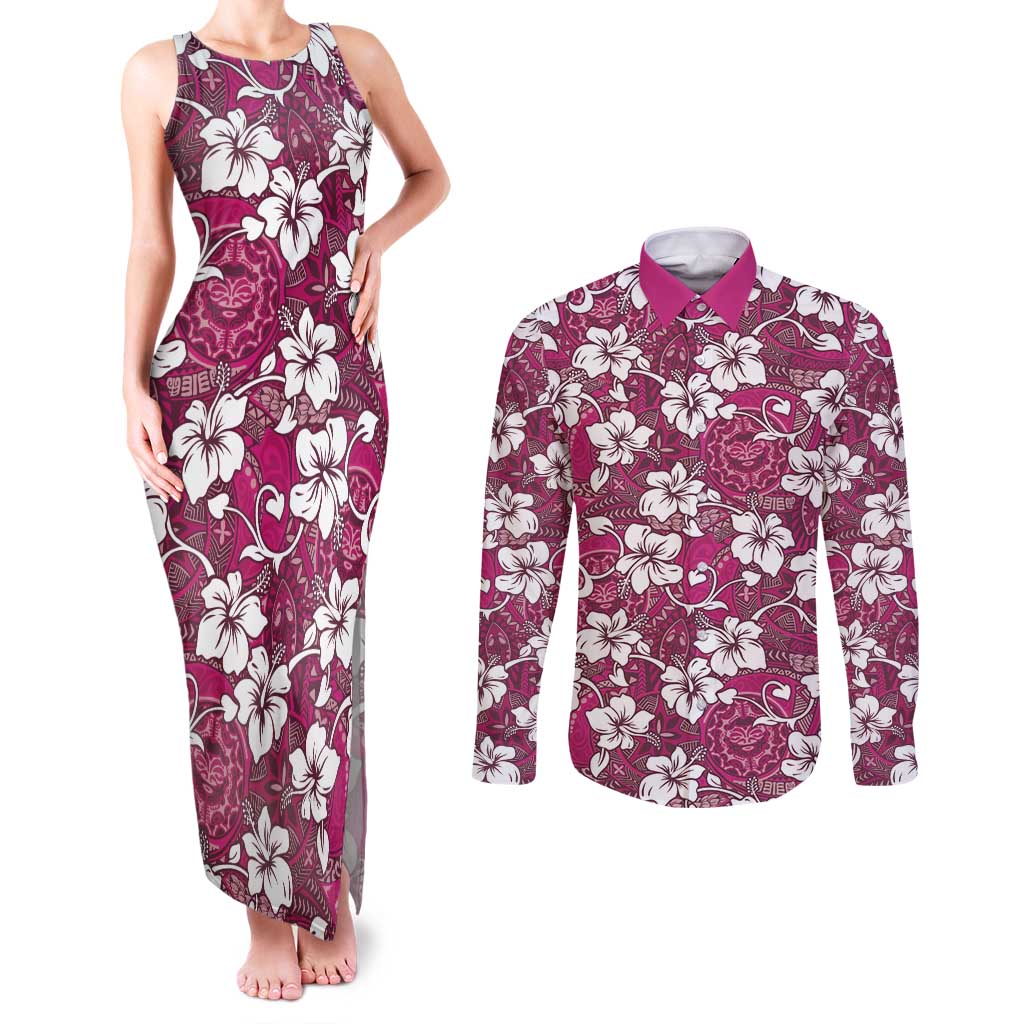 Piqi Bula Fiji Couples Matching Tank Maxi Dress and Long Sleeve Button Shirt Fijian Tapa Seamless Hibiscus - Polynesian Pride