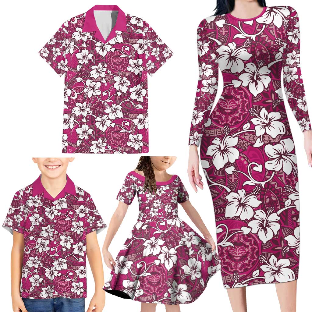 Piqi Bula Fiji Family Matching Long Sleeve Bodycon Dress and Hawaiian Shirt Fijian Tapa Seamless Hibiscus - Polynesian Pride