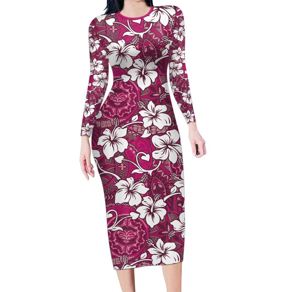 Piqi Bula Fiji Family Matching Long Sleeve Bodycon Dress and Hawaiian Shirt Fijian Tapa Seamless Hibiscus LT14 Mom's Dress Pink - Polynesian Pride