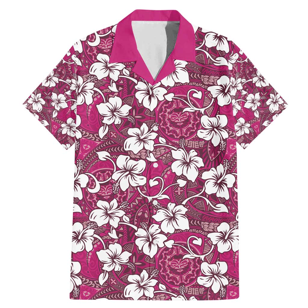 Piqi Bula Fiji Family Matching Mermaid Dress and Hawaiian Shirt Fijian Tapa Seamless Hibiscus LT14 Dad's Shirt - Short Sleeve Pink - Polynesian Pride