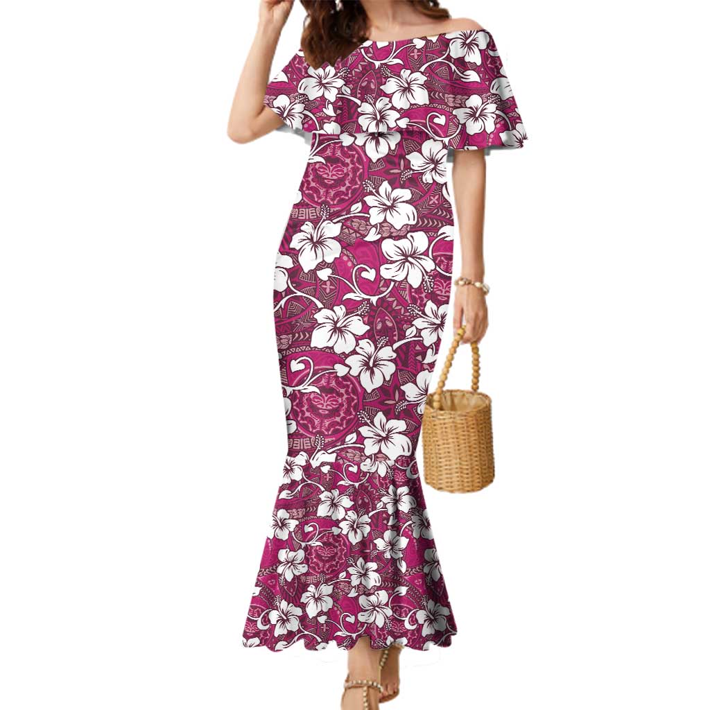 Piqi Bula Fiji Family Matching Mermaid Dress and Hawaiian Shirt Fijian Tapa Seamless Hibiscus LT14 Mom's Dress Pink - Polynesian Pride