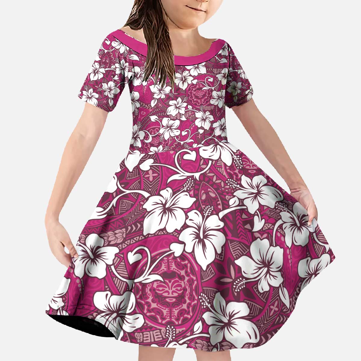 Piqi Bula Fiji Family Matching Off The Shoulder Long Sleeve Dress and Hawaiian Shirt Fijian Tapa Seamless Hibiscus LT14 Daughter's Dress Pink - Polynesian Pride
