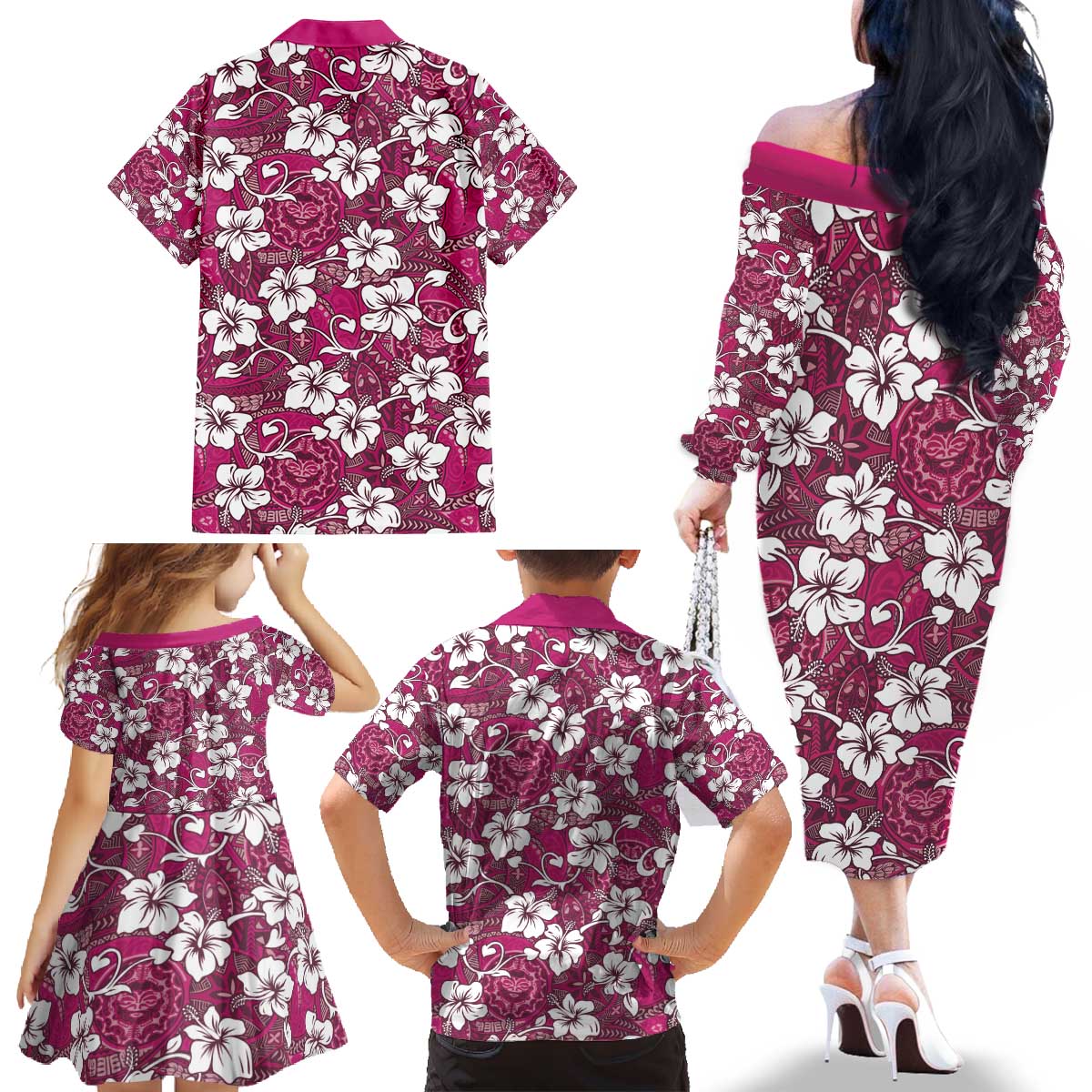 Piqi Bula Fiji Family Matching Off The Shoulder Long Sleeve Dress and Hawaiian Shirt Fijian Tapa Seamless Hibiscus LT14 - Polynesian Pride