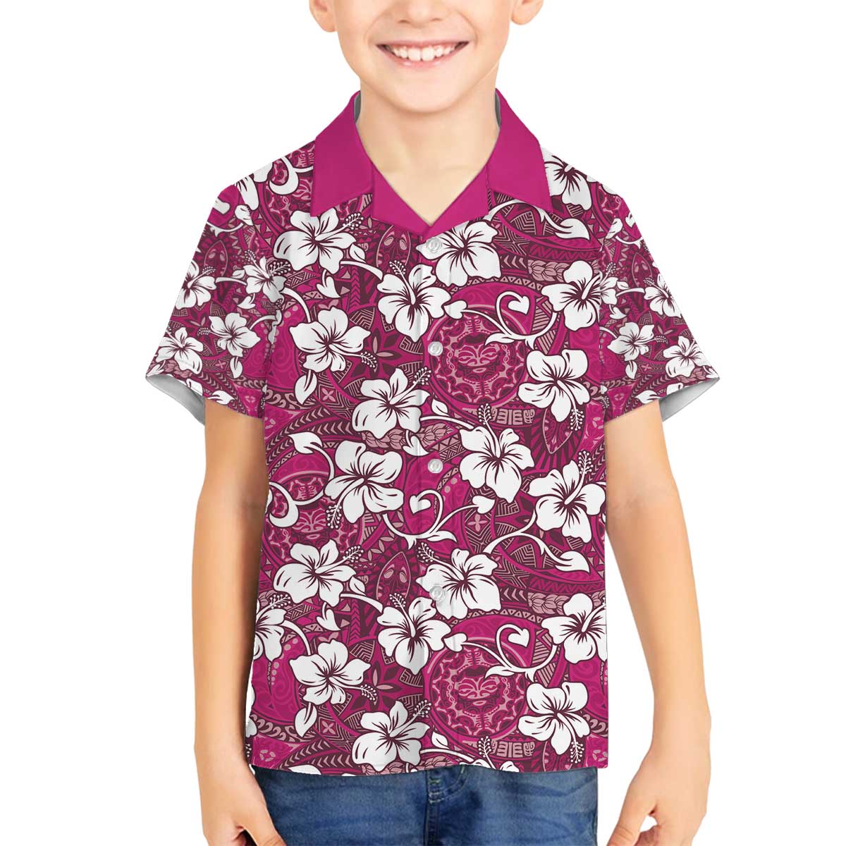 Piqi Bula Fiji Family Matching Off The Shoulder Long Sleeve Dress and Hawaiian Shirt Fijian Tapa Seamless Hibiscus LT14 Son's Shirt Pink - Polynesian Pride