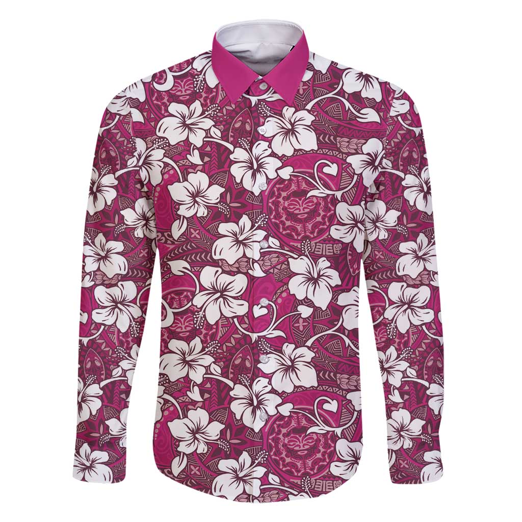Piqi Bula Fiji Family Matching Off Shoulder Maxi Dress and Hawaiian Shirt Fijian Tapa Seamless Hibiscus LT14 Dad's Shirt - Long Sleeve Pink - Polynesian Pride