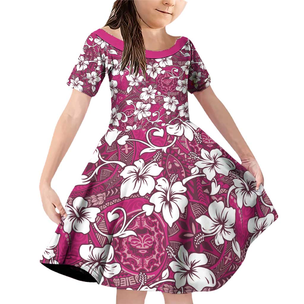 Piqi Bula Fiji Family Matching Off Shoulder Short Dress and Hawaiian Shirt Fijian Tapa Seamless Hibiscus LT14 Daughter's Dress Pink - Polynesian Pride