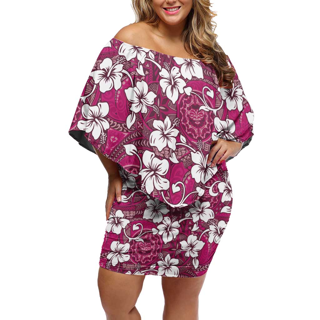 Piqi Bula Fiji Family Matching Off Shoulder Short Dress and Hawaiian Shirt Fijian Tapa Seamless Hibiscus LT14 Mom's Dress Pink - Polynesian Pride