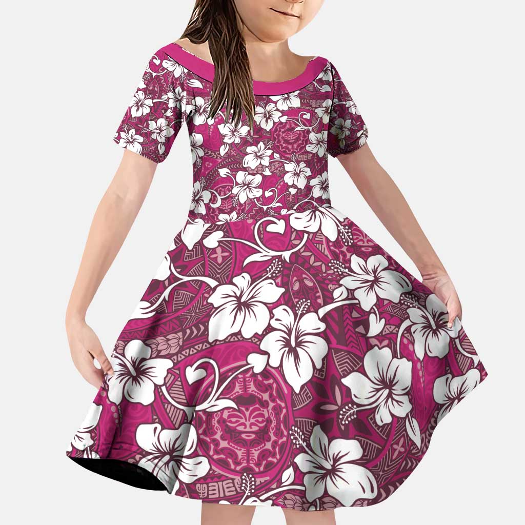 Piqi Bula Fiji Family Matching Puletasi and Hawaiian Shirt Fijian Tapa Seamless Hibiscus LT14 Daughter's Dress Pink - Polynesian Pride